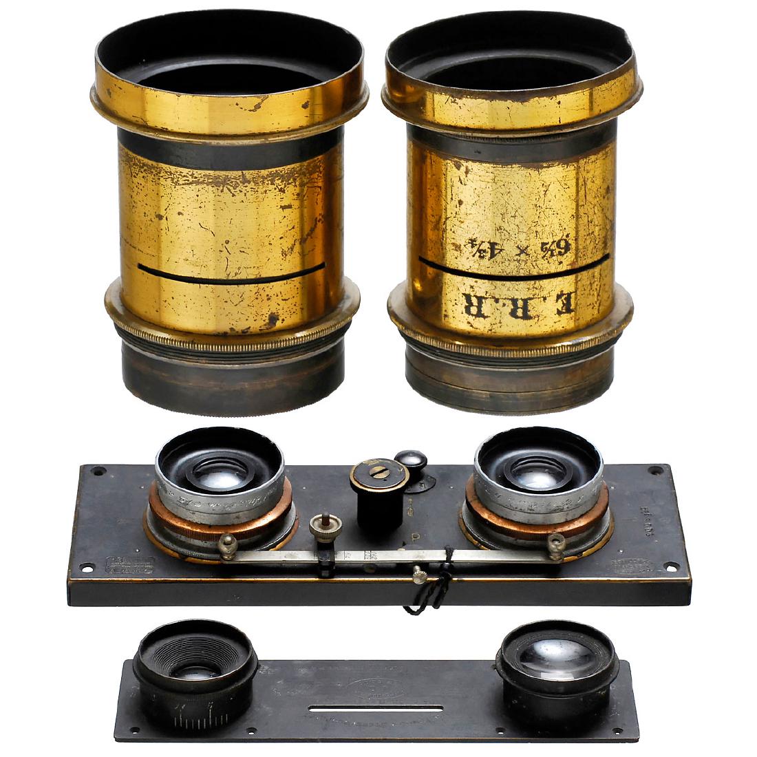 3 Pairs of Stereo Lenses, 1900–1925: 3 Pairs of Stereo Lenses, 1900–1925 1) Zeiss, Jena/H. Bellieni, Nancy. 2 x Zeiss Protar 1:8 110 mm, mounted on Stéréo Panoramique lens board, with working shutter. – 2) Zeiss/Krauss. 2 x Zeiss