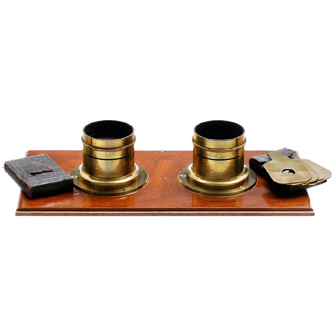 Stereo Lenses on Lens Board, c. 1870–80: Stereo Lenses on Lens Board, c. 1870–80 Presumably England. Focal length approx. 15 cm each, landscape lenses with original waterhouse stops, height of the lenses 2 in., Ø 1 3/5 in., size of the le