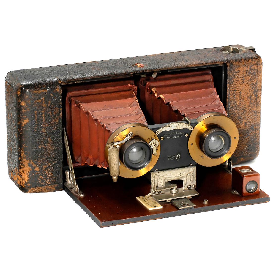 "Weno" Stereo Camera, 1902: "Weno" Stereo Camera, 1902 Blair Camera Co., Rochester. Stereo rollfilm camera for 3 ½ x 3 ½ in., leather-covered tropical wood body, maroon leather bellows, Bausch & Lomb lenses and shutters. Stere