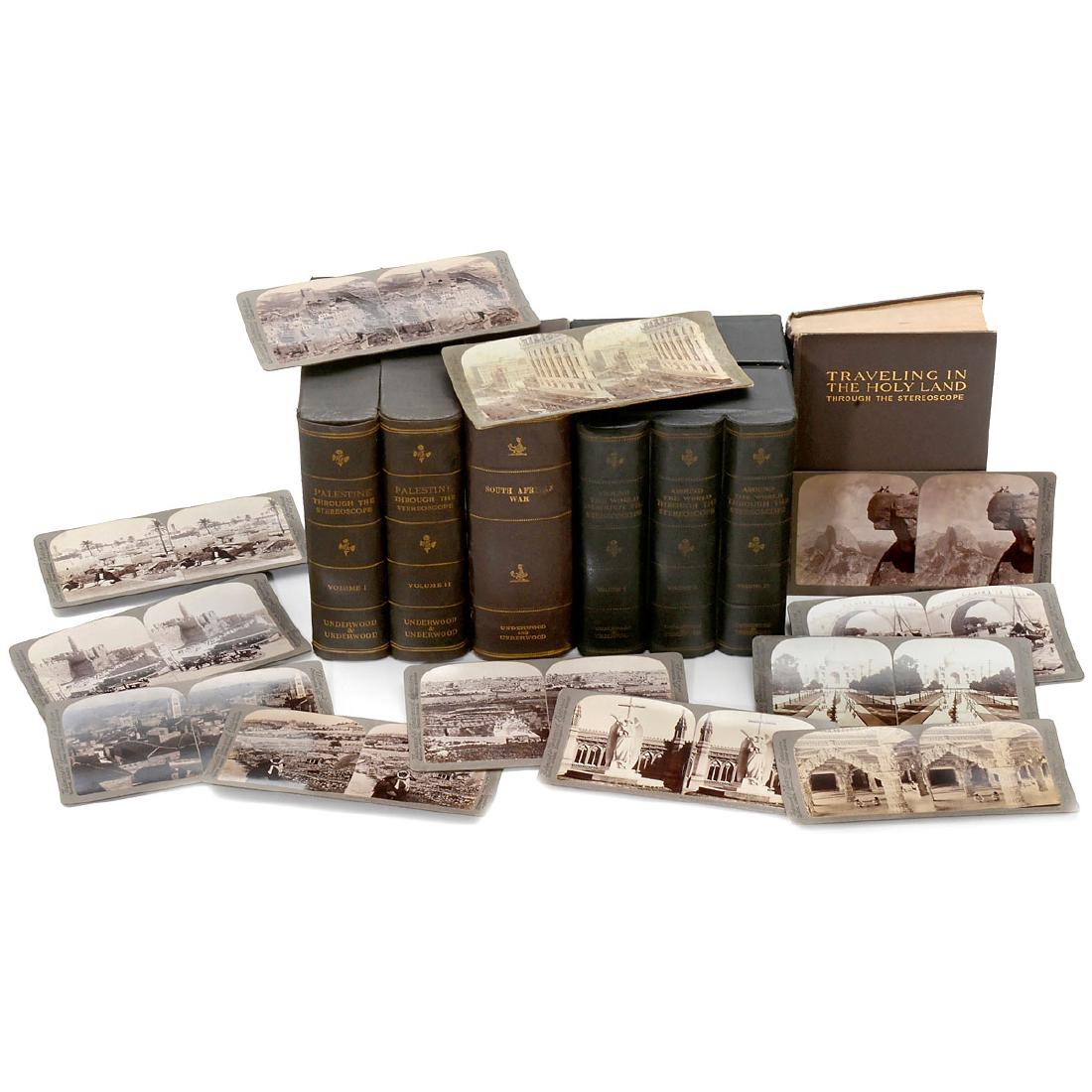 Stereo Cards by Underwood (9 x 18 cm): Stereo Cards by Underwood (9 x 18 cm) 1) "Palestine" Volume I + II, complete set with 100 stereo cards, with original box, 1901. – 2) Box with 34 stereo cards (various). – And: 3) "Around the Worl