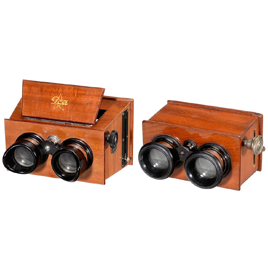 2 Hand Stereo Viewers (6 x 13 and 45 x 107), c. 1926: 2 Hand Stereo Viewers (6 x 13 and 45 x 107), c. 1926 1) Ica stereoscope for cards and slides of 6 x 13 cm, mahogany/walnut body, focusing by rack and pinion, attached eye hoods, with additional Zeiss-