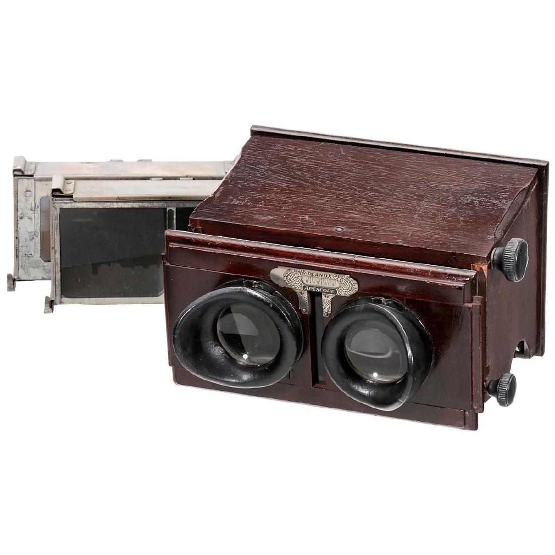 Planox Apescope 6 x 13 and 45 x 107, c. 1925: Planox Apescope 6 x 13 and 45 x 107, c. 1925 A. Plocq, Paris. Hand-held stereo viewer with magazine for 12 plates of 6 x 13 cm or 45 x 107 mm. The plates have to be put into metal frames; by pushing u