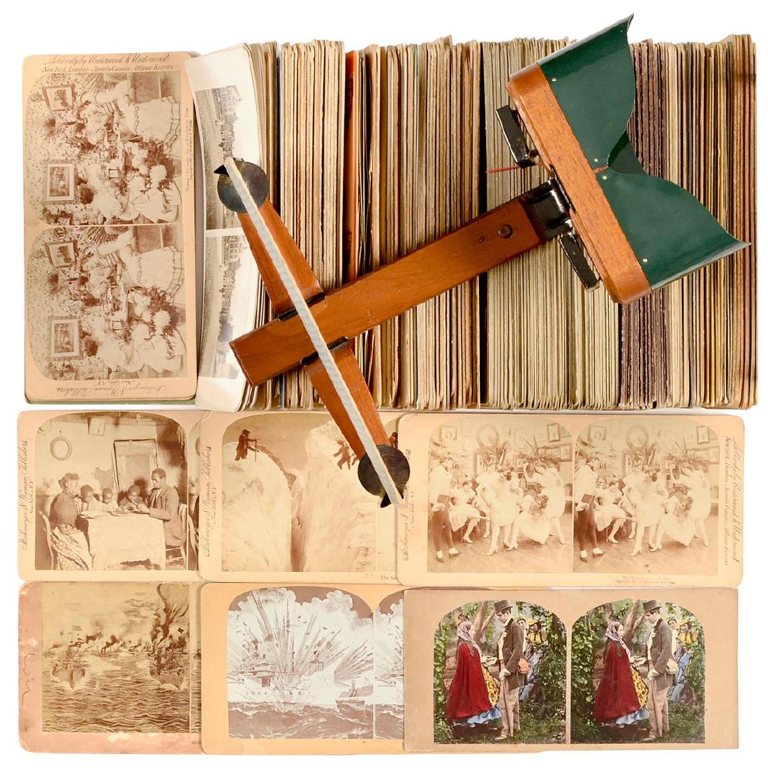 Large Lot of 9 x 18 cm Stereo Cards: Large Lot of 9 x 18 cm Stereo Cards Over 250 stereo cards, motifs from across the world, various manufacturers, mostly with clear contrast. With unmarked stereo viewer for the same format. Großes Lot