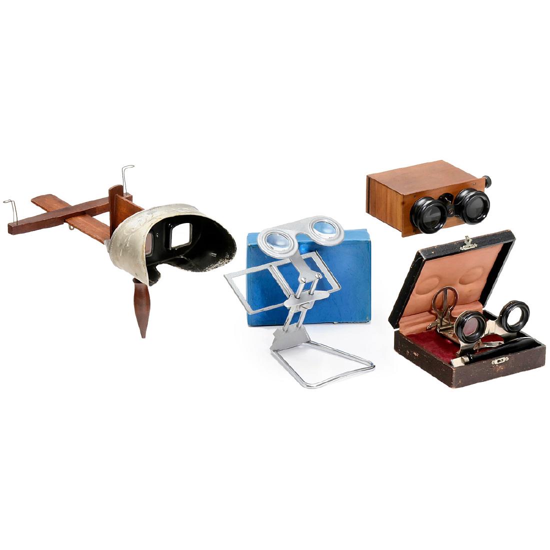 Small Collection of Stereo Viewers: Small Collection of Stereo Viewers 1) Underwood & Underwood. Stereo viewer Holmes-type for cards of 9 x 18 cm. – 2) Omnium stereo viewer for cards of different sizes, foldable, in case. – 3) Stere
