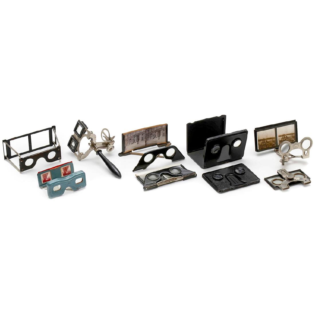 9 Foldable Stereo Viewers from Metal: 9 Foldable Stereo Viewers from Metal 1) 2 Unis viewers for slides of 6 x 13 cm and 45 x 107 mm. – 2) Omnium viewer for cards of different sizes. – 3) 2 viewers of Raumbild Verlag. – 4) 2 Indupor