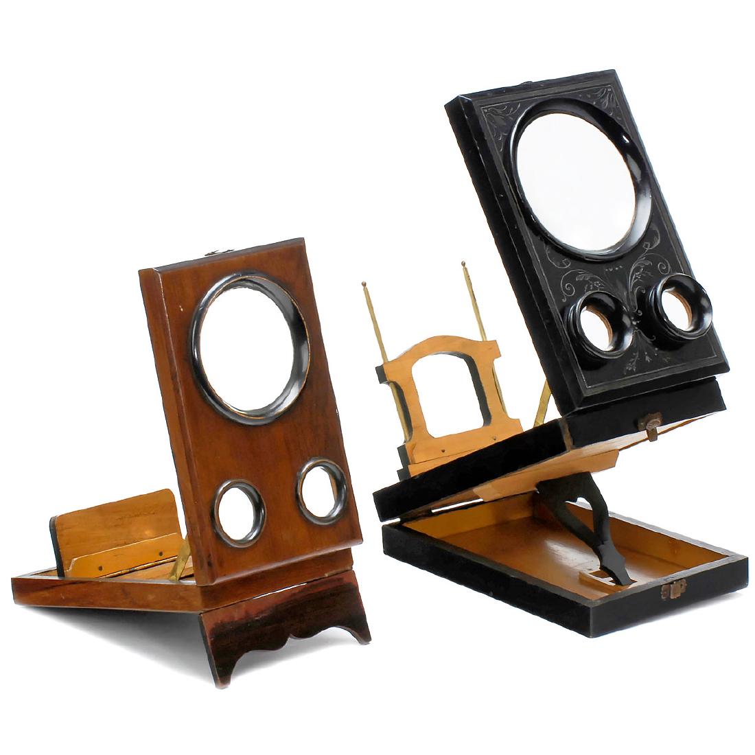 2 Small Stereo Graphoscopes: 2 Small Stereo Graphoscopes 1) French stereo graphoscope, unmarked, c. 1890, black-lacquered wooden body with incised floral decoration, lens Ø 4 in., oculars Ø 1 1/6 in., for stereo cards of 6 x 1