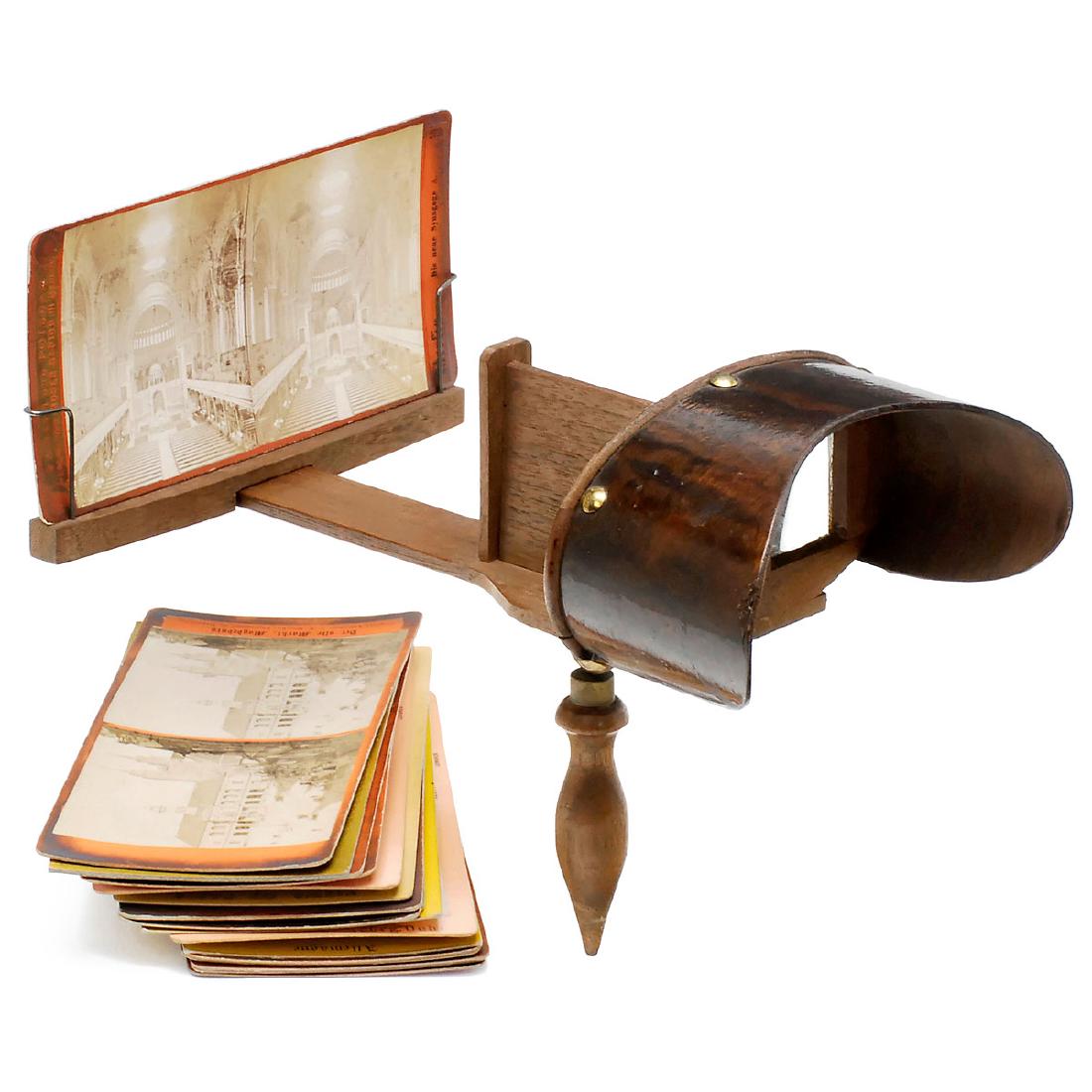Holmes-Pattern Stereo Viewer with Cards, c. 1890: Holmes-Pattern Stereo Viewer with Cards, c. 1890 Unmarked. Hand-held stereo viewer, turned wood grip, polished bentwood hood, quadratic prism, for stereo cards of 9 x 18 cm. With 18 mixed stereo cards