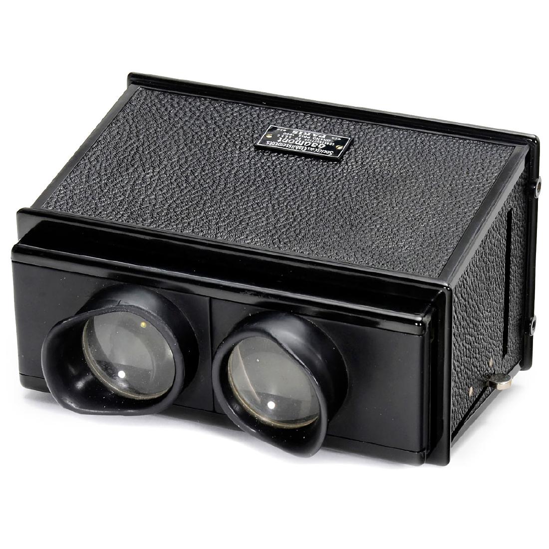 Gaumont Stereo Viewer 6 x 13, c. 1920: Gaumont Stereo Viewer 6 x 13, c. 1920 Etablissement Gaumont, Paris. Stereo viewer with leatherette-covered metal body, for stereo slides 6 x 13 cm, focusable, with lever for taking out the slide. Ste