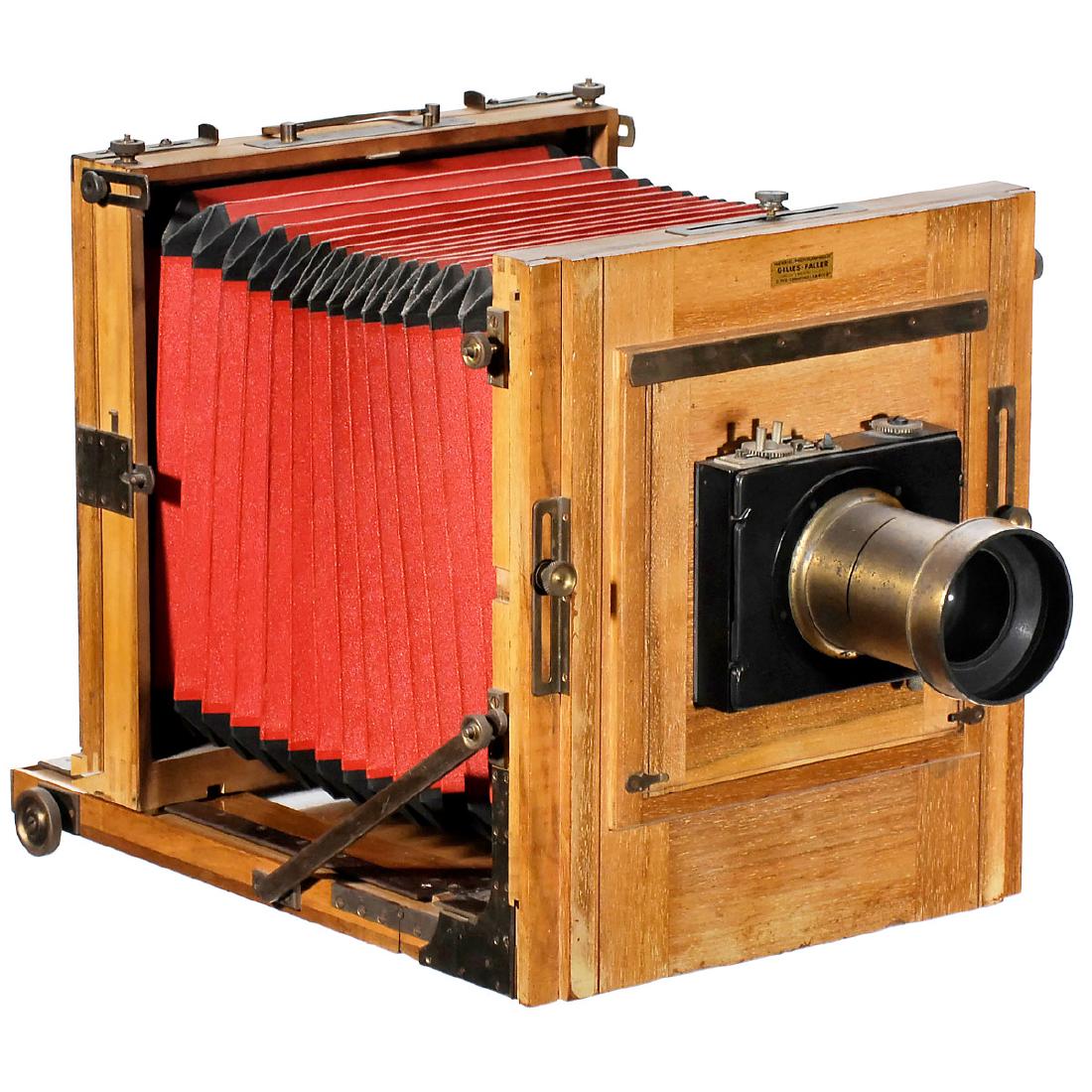 Chambre de Studio (Field and Studio Camera) by: Chambre de Studio (Field and Studio Camera) by Gilles-Faller, with Derogy Lens, c. 1890 Gilles-Faller, Paris. Walnut body with brass fittings in excellent condition, red bellows with black corners, pl