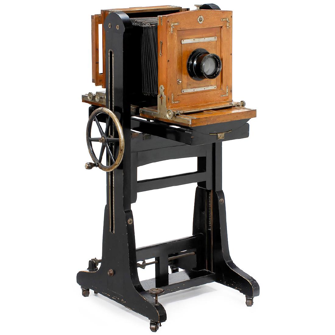 Atelier Camera by Union Paris, c. 1910: Atelier Camera by Union Paris, c. 1910 Union, Paris. Plate size 9 ½ x 9 ½ in., polished wood with nickel fittings, black bellows (with reparable holes), base board size 15 x 33 ½ in., built-in Grun