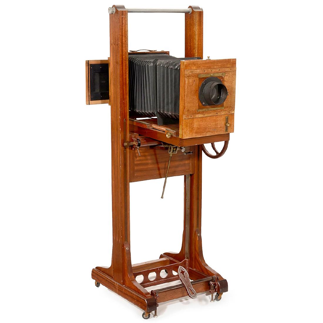 Studio Tripod and Field Camera, c. 1900: Studio Tripod and Field Camera, c. 1900 Unmarked studio camera for plates of approx. 4 ¾ x 6 ¼ in., presumably England, polished wood with brass fittings, black bellows, sliding back with focusing 