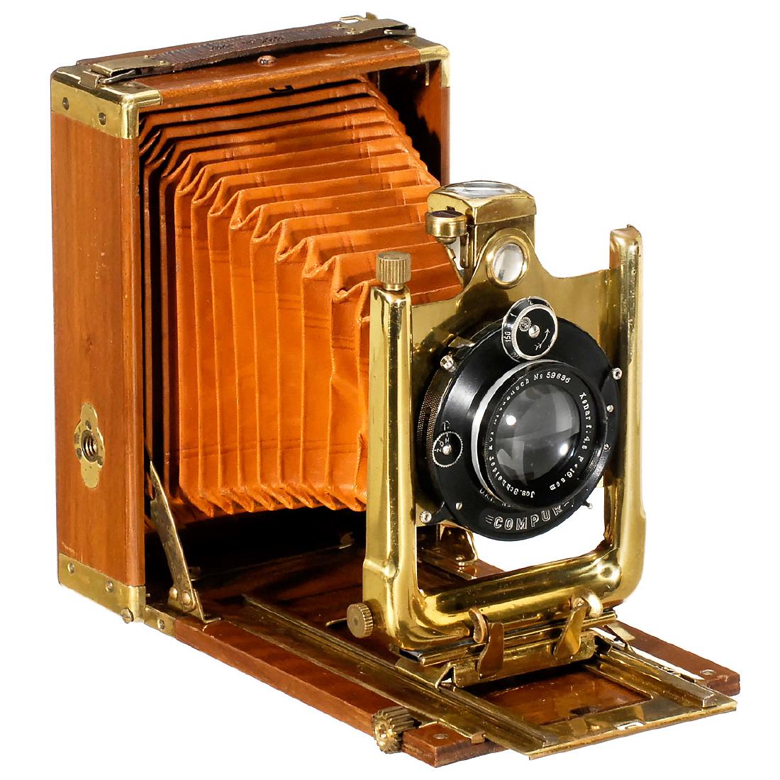 Luxury Tropical "Phönix" Camera by Kenngott, c. 1924: Luxury Tropical "Phönix" Camera by Kenngott, c. 1924 W. Kenngott, Stuttgart. Tropical camera with gold-plated metal fittings, rare plate size 9 x 14 cm, brown bellows, Compur shutter, focusing screen