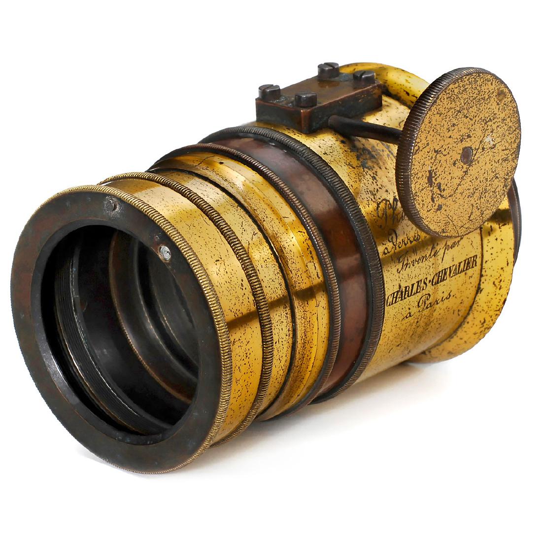 "Photographe à Verres Combinés" by Charles Chevalier,: "Photographe à Verres Combinés" by Charles Chevalier, c. 1857 Original Daguerreotype lens, marked: "Photographe à Verres Combinés, Inventé par Charles-Chevalier à Paris". Convertible lens with t