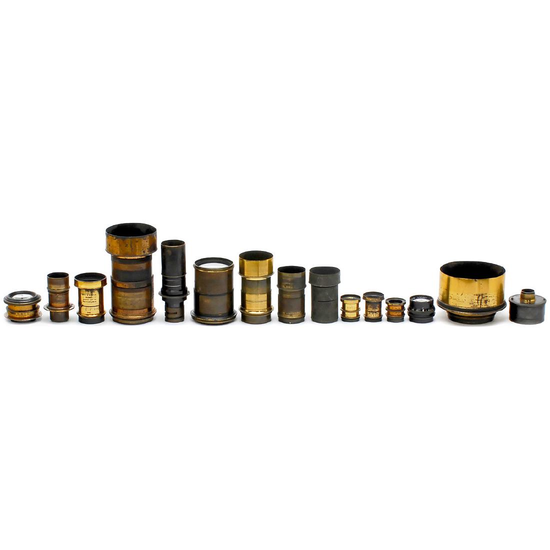 13 Brass Lenses for Spare Parts: 13 Brass Lenses for Spare Parts England, missing parts (rack-and-pinion focusing, elements). Manufacturers: Ross and A. Ross, Watson & Sons, early J. Cooke lens, R. Beard, Dallmeyer, Taylor Taylor &
