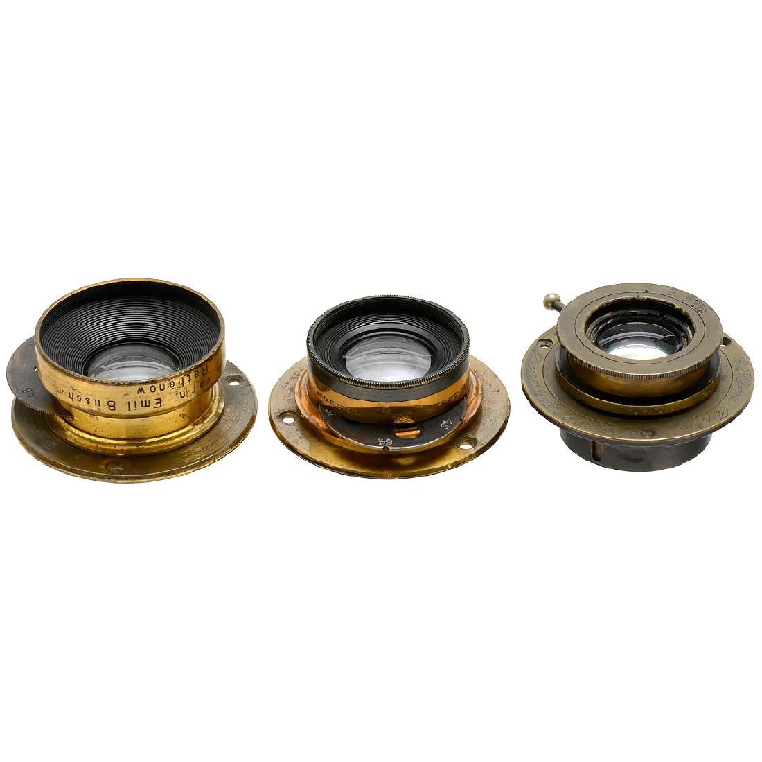 3 Wide-Angle Lenses, 1880 onwards: 3 Wide-Angle Lenses, 1880 onwards 1) C.P. Goerz, Berlin. Doppel-Anastigmat Serie III No. 0 1:6/120 mm, screw channel, iris stop, height 1 1/6 in., connecting ring Ø 2 in. (2/2) – 2) R.O.J.A. vorm.