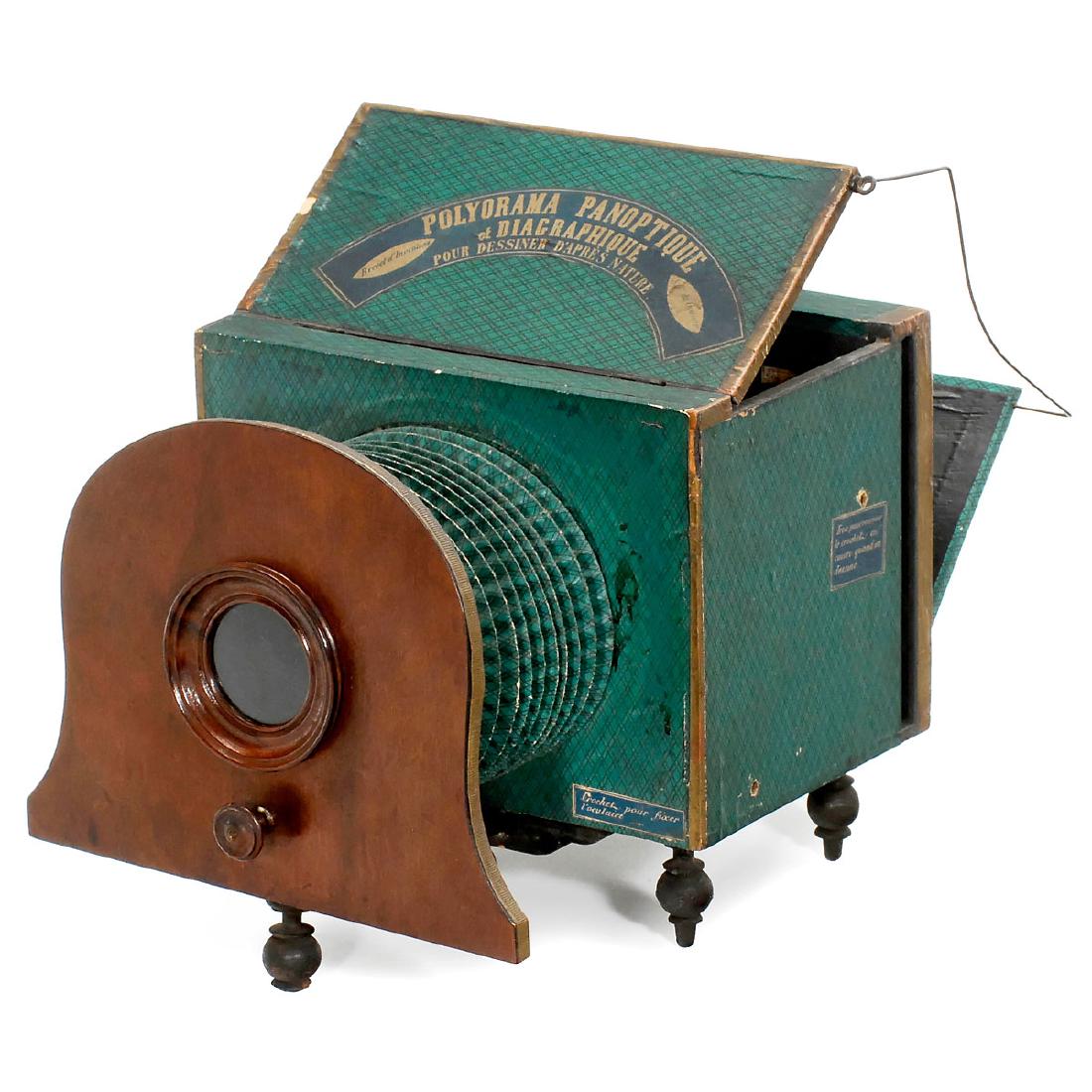 Polyorama Panoptique, c. 1850: Polyorama Panoptique, c. 1850 French viewer for tinted paper day/night metamorphic pictures of 5 ½ x 7 4/5 in., paper-covered body, bellows, labels and mahogany lens board, size of the viewer 7 x 8 