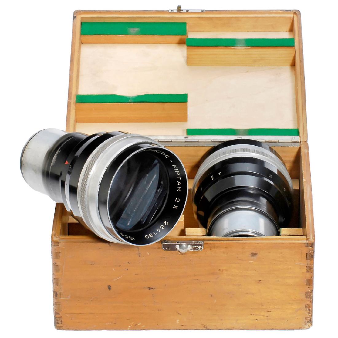 Pair of Anamorphotic-Kiptar 2x, c. 1955: Pair of Anamorphotic-Kiptar 2x, c. 1955 Isco – Göttingen. Cine Anamorphotic, for stretching a Cinemascope-format film into a panoramic one. Screw-mount Ø 66 mm, lens serial nos.: 262962 + 264180,