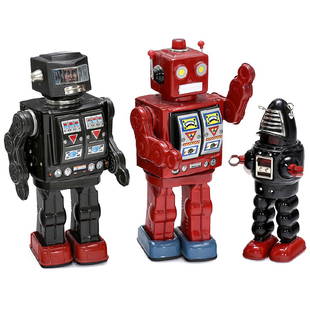 3 Japanese Toy Robots: 3 Japanese Toy Robots  1) Rotate-O-Matic Super Astronaut, copy, battery, defective. – 2) Horikawa Astronaut Robot, battery, working. – And: 3) Robby the Robot, copy, clockwork, defective.  3 japan