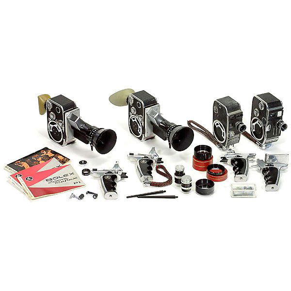 8 mm Movie Cameras "Bolex" by "Paillard": 8 mm Movie Cameras "Bolex" by "Paillard" 1) 2 cameras "Zoom Reflex" with "Berthiot" 1:1,9/8-40 mm" - And: 2) 2 rangefinder cameras "C8" with "Yvar 1:2,5/12,5 mm" lens - And: Adapter lenses "Pizar 1:1,