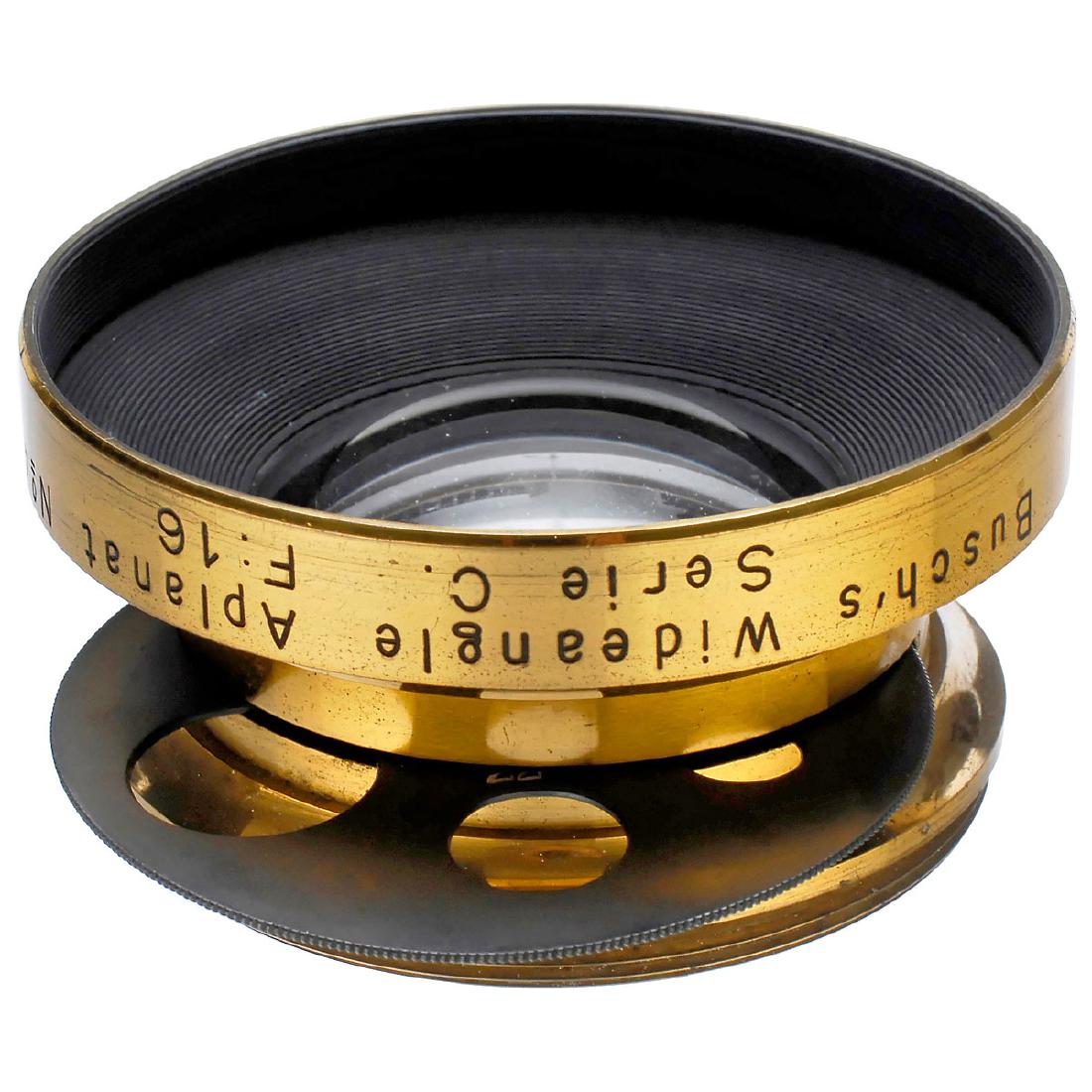 Busch's Wideangle Aplanat No. 4, c. 1890: Busch's Wideangle Aplanat No. 4, c. 1890 R.O.J.A. vorm. Emil Busch, Rathenow. Focal length approx. 240 mm, rotating stop (f16-f88), lens diameter 2 ¾ in., height approx. 1 2/5 in. - The Wideangle Ap