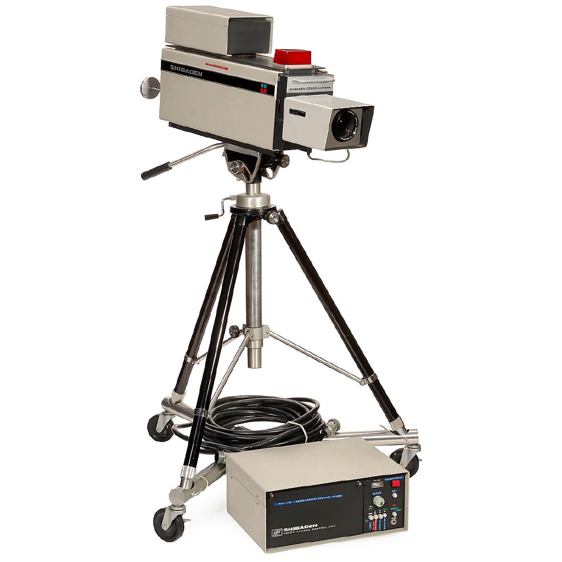 Shibaden Color Camera, 1980: Shibaden Color Camera, 1980 Shibaden, Japan. 3-valve color television camera, RGB (Pal system), with monitor, Fujinon TV-Zoom 2,5/16-160 mm, camera on Samson tripod (with dolly), height of the camera