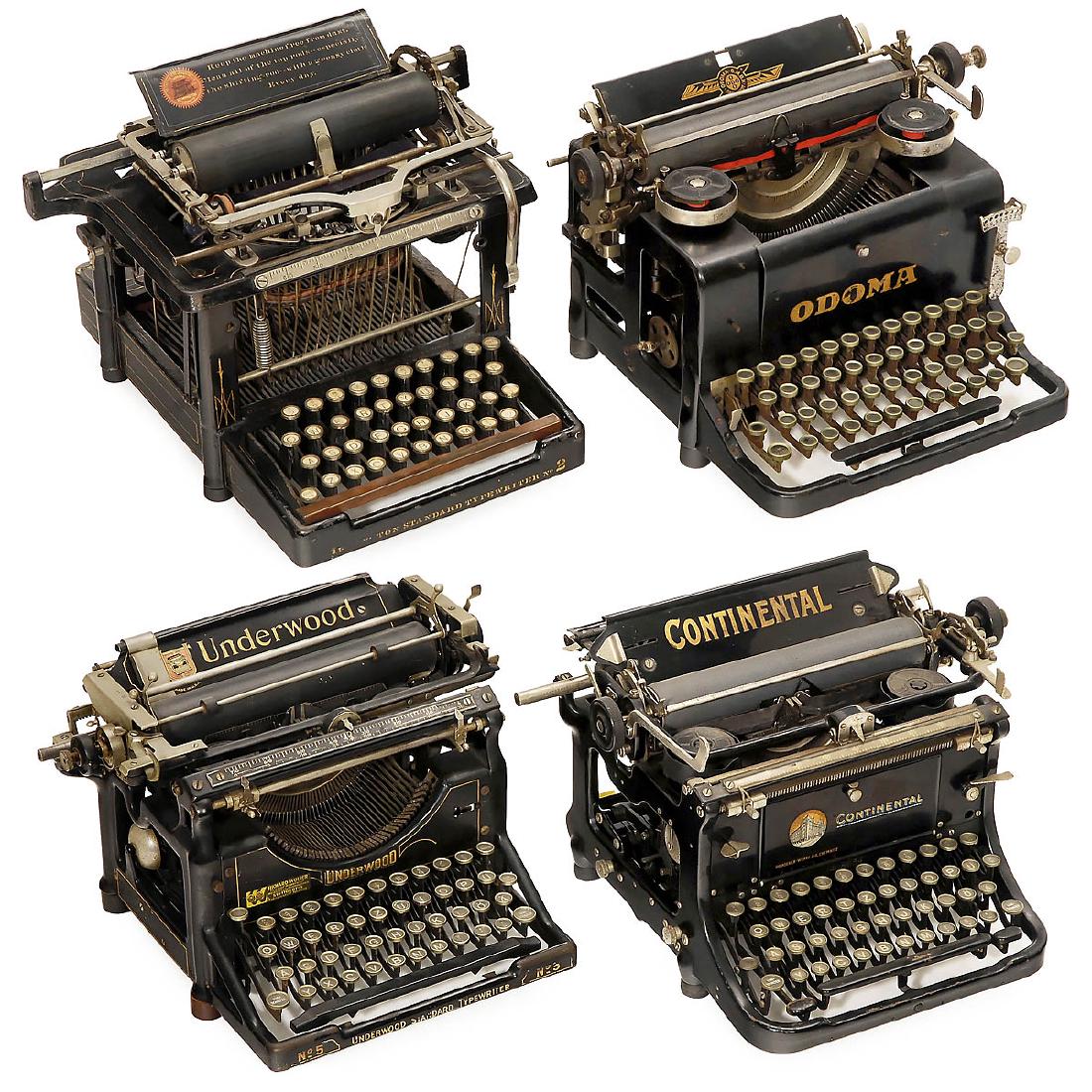 4 Typewriters: 4 Typewriters 1) "Remington Standard Typewriter No. 2", USA, somewhat sluggish. (2-3/3) - 2) "Continental", Wanderer Werke, Chemnitz, Germany, front with view of the factory. (3/2) - 3) "Odoma", Darm