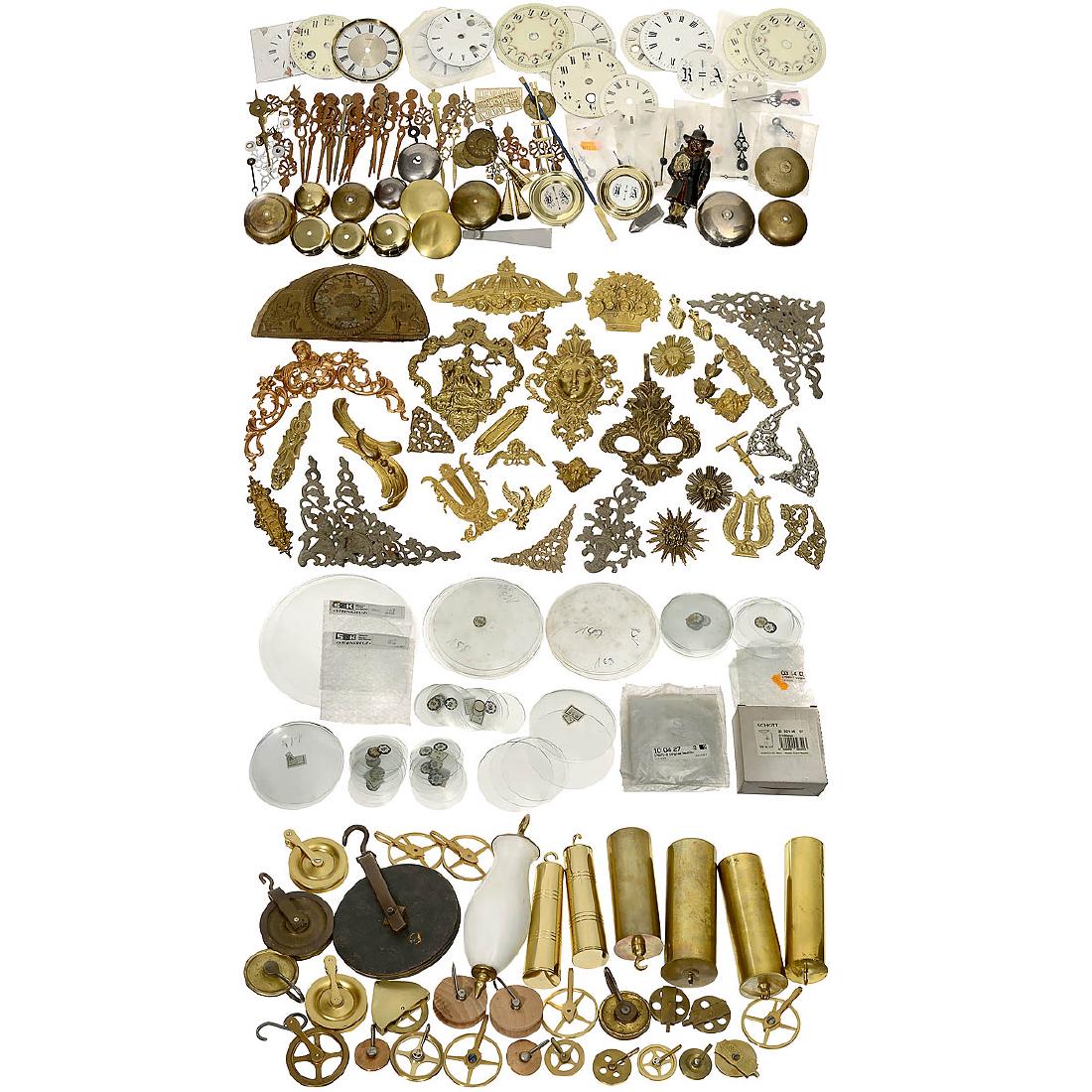 Very Interesting Clock Spare Parts: Very Interesting Clock Spare Parts Old originals and reproductions. 90 arched glasses, Ø between 2 1/3 and 8 ¾ in., 38 ornaments (brass, pewter, lead and bronze); 25 rope pulleys; 16 dials, mostly