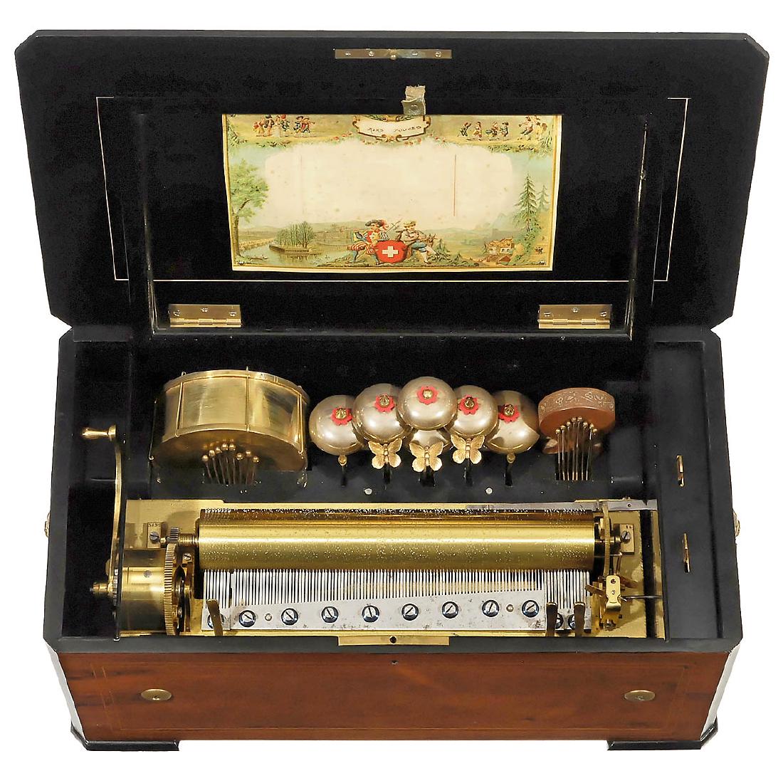 Orchestral Musical Box with Overture Motif, c. 1880: Orchestral Musical Box with Overture Motif, c. 1880 No. 5859, playing six airs, including a spirited motif from Carl Maria von Weber's "Freyschutz" overture, accompanied by optional drum, castanet wit