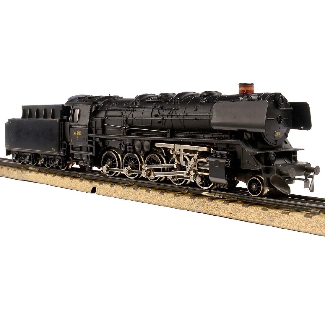 Märklin No. 3045 Danish Steam Locomotive, c. 1975: Märklin No. 3045 Danish Steam Locomotive, c. 1975 Gauge H0, version 2, kit, cast metal, forerunner with 9 spokes, length 10 5/8 in., with box. Original model! Dänische Dampflokomotive Märklin Nr.