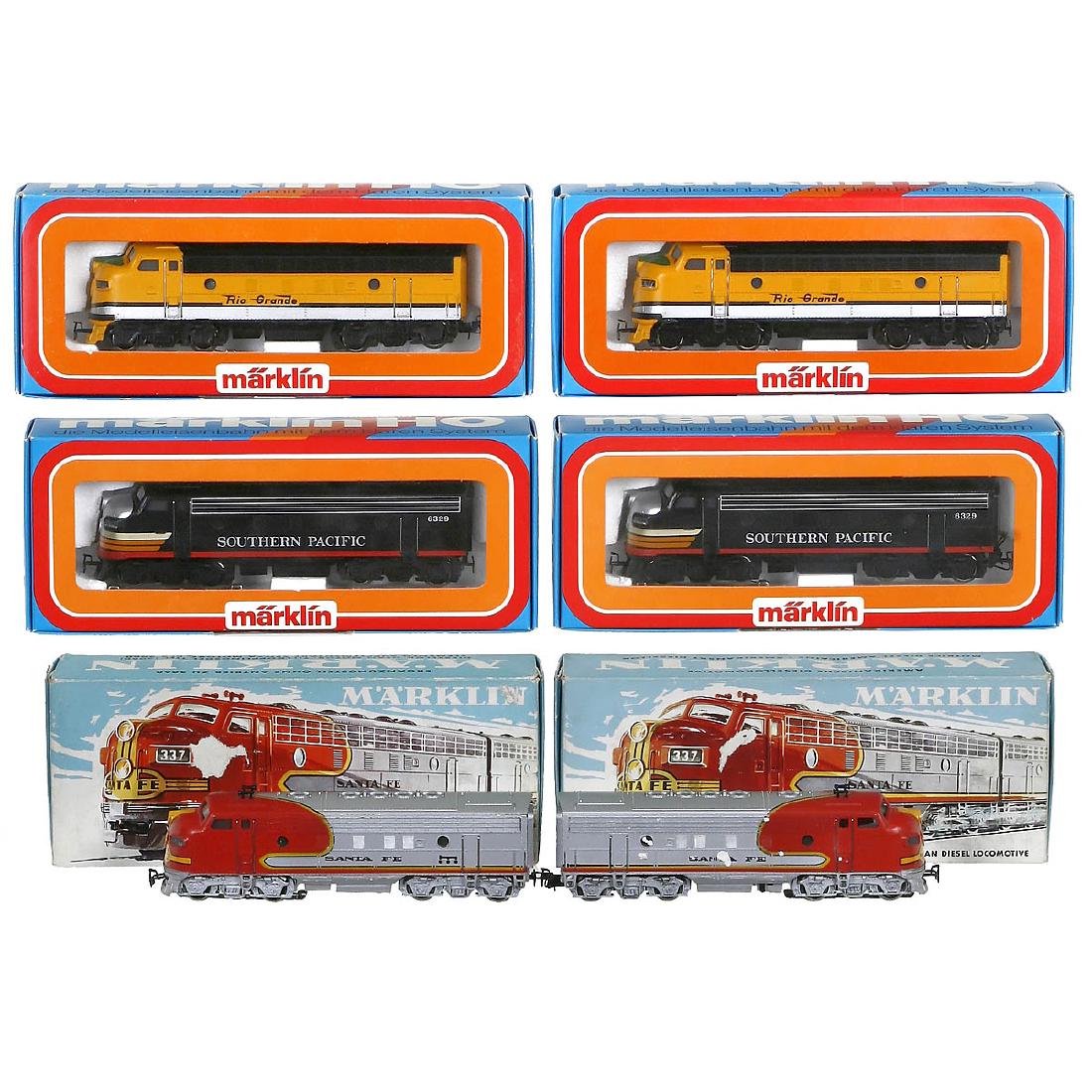 3 Märklin American Double Locomotives, c. 1977: 3 Märklin American Double Locomotives, c. 1977 Gauge H0. Diesel locomotives. 1) 3062 and 4062, "Rio Grande". - 2) 3060 and 4060, "Santa Fe". - And: 3) 3129 and 4129, "Southern Pacific". - All locomo