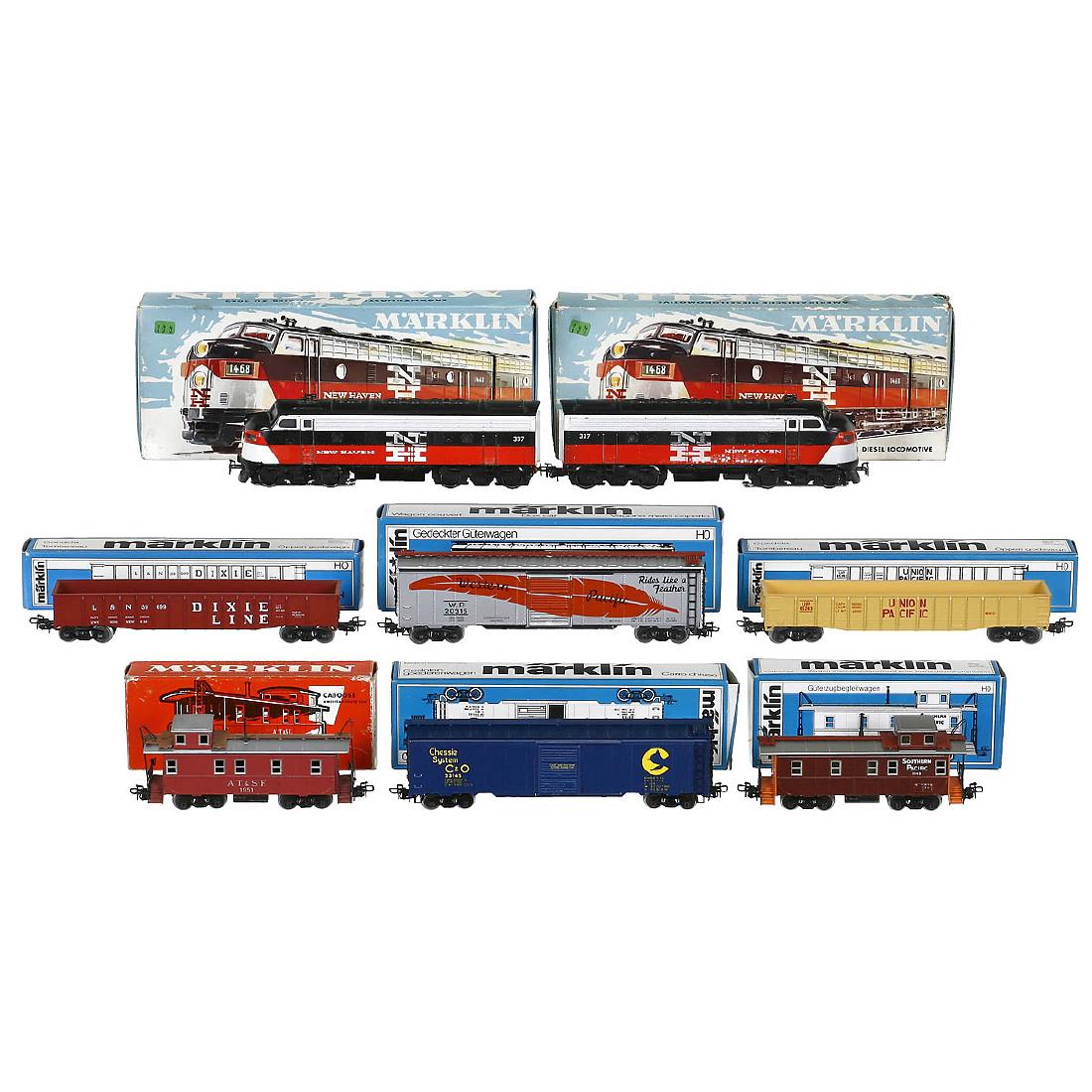 Märklin American Train Set, c. 1970: Märklin American Train Set, c. 1970 Gauge H0. 1) 3062, diesel locomotive F7, "New Haven", version 1 with manual lever. - 2) 4062, supplement, without motor. - And: 3) 6 freight cars, 4563, 4570, 456