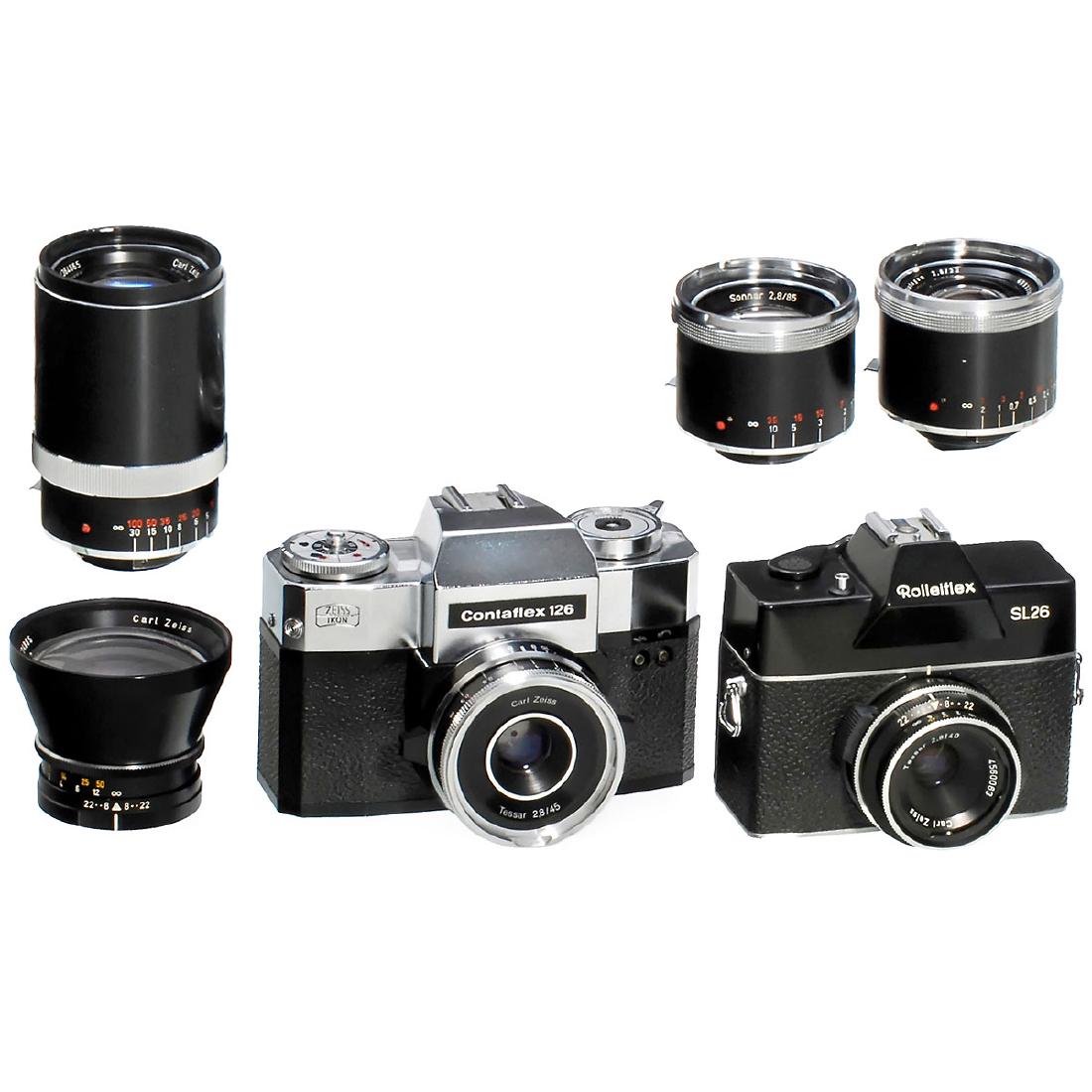 Contaflex 126 and Rolleiflex SL26: Contaflex 126 and Rolleiflex SL26 1) Zeiss Ikon, Stuttgart. Contaflex 126, 1967, no. N72158, with Tessar 2,8/45 mm, no. 19480. - 2) Distagon 2,8/32 mm, no. 4393336. - 3) Sonnar 2,8/85 mm, no. 4360157,