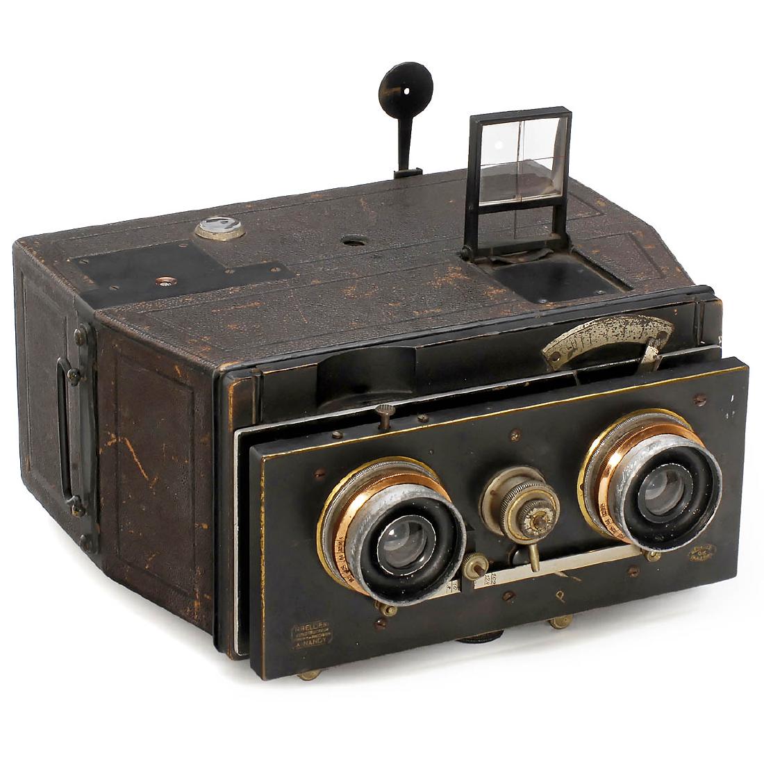 Jumelle Stéréoscopique by Belliéni, 1897: Jumelle Stéréoscopique by Belliéni, 1897 H. Belliéni, Nancy. For plates of 9 x 18 cm (2 exposures of 8 x 9 cm), plate magazine for 12 photographs, 2 x Carl Zeiss Protar 8/110 mm (aluminum and copp