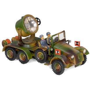 Hausser (Elastolin) Krupp Searchlight Car No. 743, c.: Hausser (Elastolin) Krupp Searchlight Car No. 743, c. 1935 O. & M. Hausser KG, Neustadt/Coburg, Germany. Lacquered tin (camouflage), spring-driven (working), 3 axles, rubber tyres, turnable searchlig