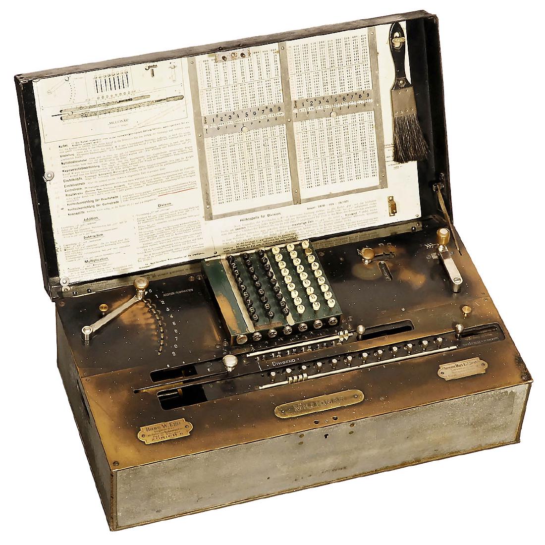 Millionär Calculating Machine, 1913: "Millionär" Calculating Machine, 1913 Rare Swiss calculating machine for all 4 basic arithmetic operations by Otto Steiger, St. Gallen, Switzerland. According to the design of Leon Bollée in 1888,