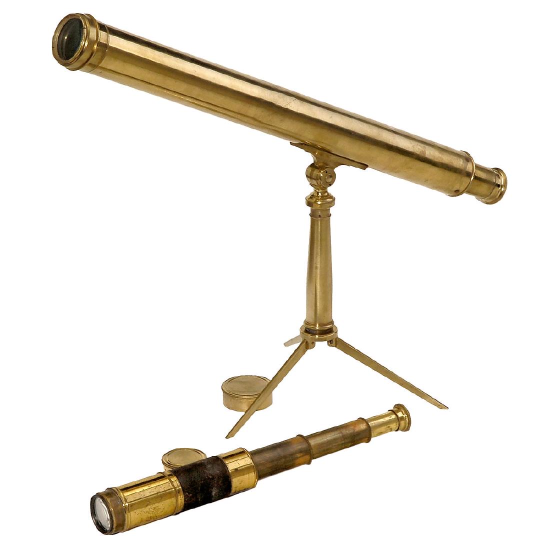 2 Telescopes: 2 Telescopes 1) Signed "G. Avizard, Paris", brass, leather-covered body (leather worn), 4 extensions, length extended 18 ¾ in., c. 1900. - And: 2) Unsigned, brass, on tripod, rack-and-pinion focusing