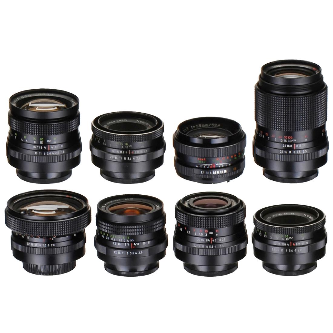 7 Zeiss Jena Lenses (M42 Screw-Mount): 7 Zeiss Jena Lenses (M42 Screw-Mount) Carl Zeiss, Jena. All lenses with M42 screw-mount: 1) MC Flektogon 2,8/20 mm, no. 4943. - 2) P (Pancolar) 2,8/29 mm, no. 6033474. - 3) Flektogon auto 2,4/35 mm, n