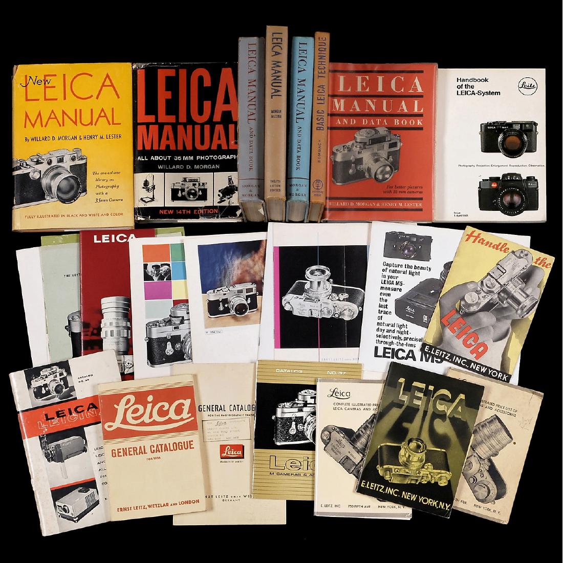 Leitz Literature: Leitz Literature Many dealer's catalogs and handbooks, 7 x "Leica Manual" (1950s), repair manual catalog. Prospectuses and instruction manuals: M2, M3, M5, SL, IIIg, lenses, accessories and many more.