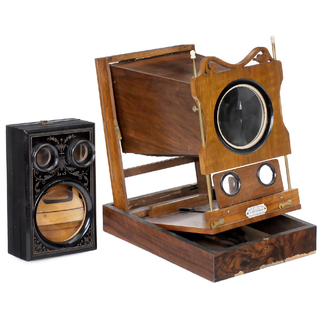 Stereo Graphoscope: Stereo Graphoscope 1) Stereo viewer "Mon. Martinet A. Hautecoeur" in Paris. For stereo cards of 9 x 18 cm and prints of 17 x 20 cm (also day-and-night cards), folding box, magnifying lens Ø 3 