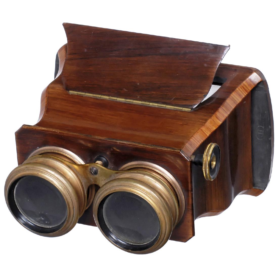 Stereo Viewer by Negretti & Zambra, c. 1880: Stereo Viewer by Negretti & Zambra, c. 1880 Negretti & Zambra, London. Brewster-type viewer, for stereo cards and slides of 9 x 18 cm, walnut body, ogee-shaped, brass ocular mounts, rack-and-pinion fo