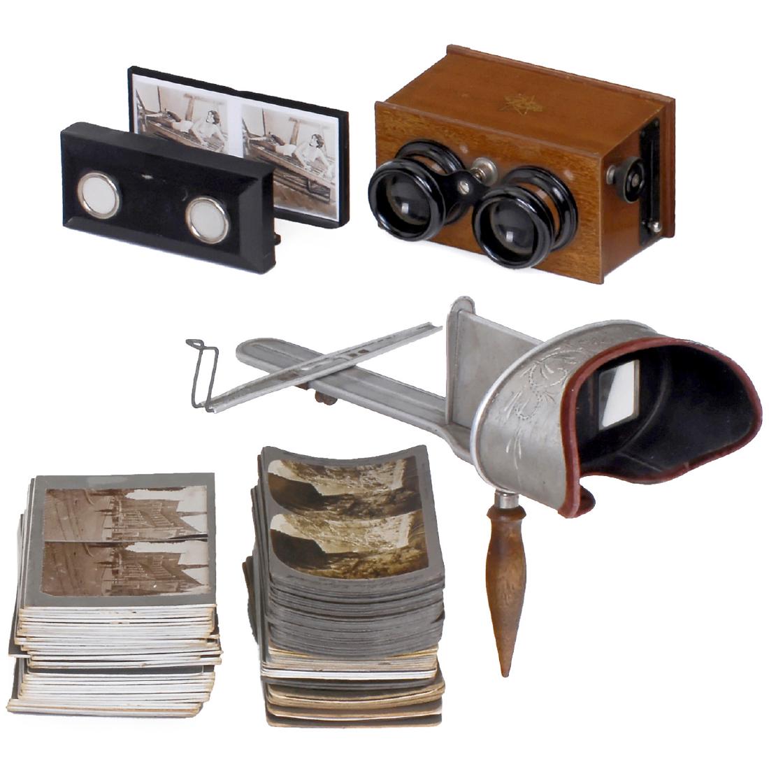 3 Stereo Viewer and Stereo Cards: 3 Stereo Viewer and Stereo Cards 1) Ica hand stereo viewer for stereo slides of 6 x 13 cm, polished wood with focusable lenses, one ocular with dent. - 2) "The Perfecscope", Holmes-pattern stereo view