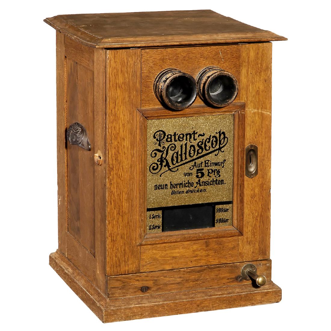 Kalloscop, Coin-Op Stereo Viewer, 1897 onwards: "Kalloscop", Coin-Op Stereo Viewer, 1897 onwards German stereoscope for 18 transparent stereo pictures (9 x 18 cm), solid oak case, 19 5/8 in. high, 18 pictures included, working condition. Needs some