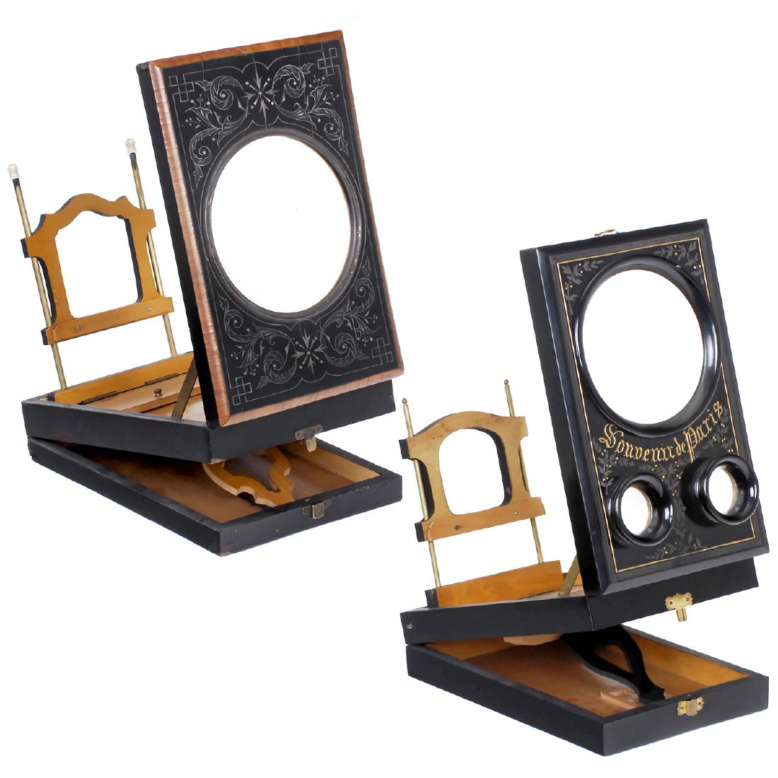 2 Graphoscopes, c. 1880: 2 Graphoscopes, c. 1880 1) Stereo graphoscope, marked "Souvenir de Paris" for stereo cards of 6 x 13 cm, Cartes-de-Visite and other formats, height 14 ½ in., magnifying lens Ø 4 in. - And: 2