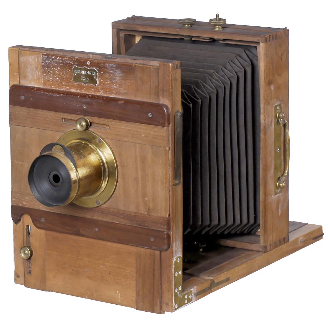Field Camera by Carpentier-Pattou, c. 1870: Field Camera by Carpentier-Pattou, c. 1870 Carpentier-Pattou, Paris. Plate size 18 x 24 cm, walnut body with brass fittings, black conical bellows, focusing via rod pinion, focusing back and one doubl