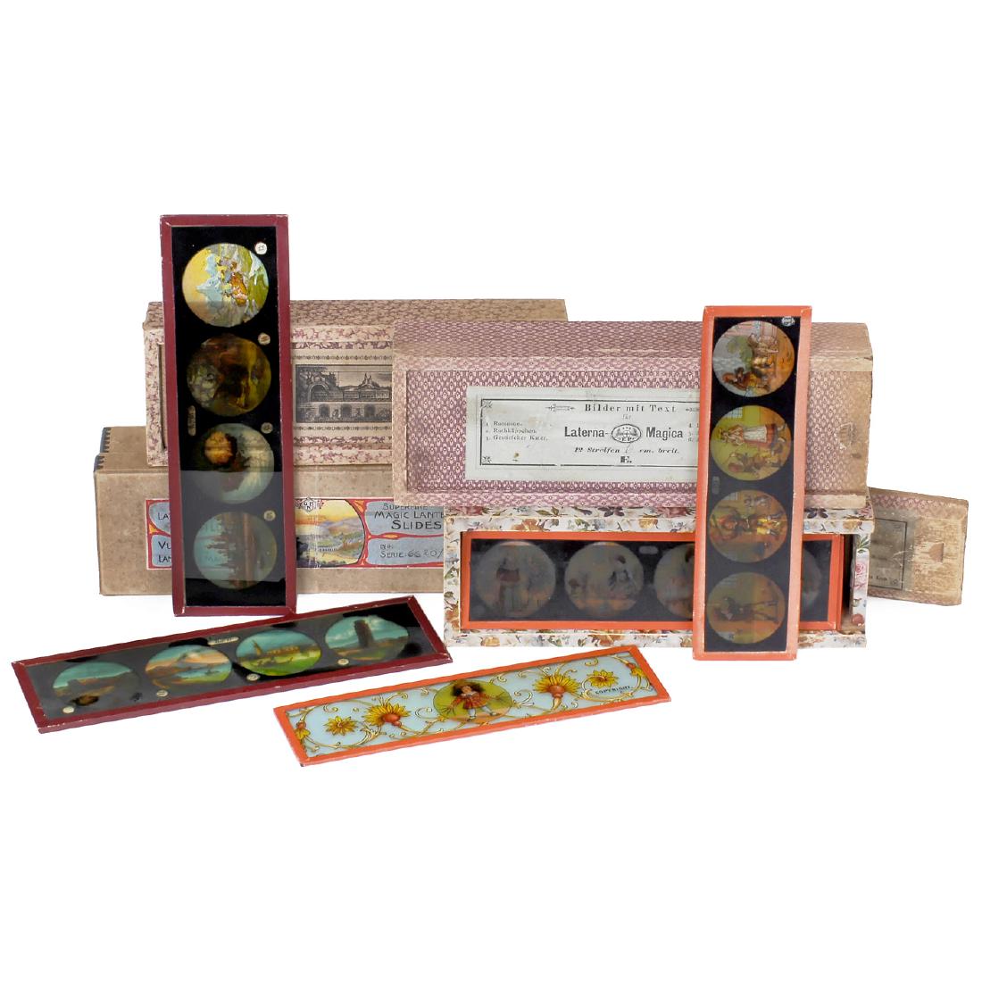 Magic Lantern Slides by Ernst Plank and Gebr. Bing: Magic Lantern Slides by Ernst Plank and Gebr. Bing 1) Ernst Plank, Nuremberg. "Der Struwwelpeter" (Shock-headed Peter), 11 of 12 slides of 2 x 7 in. (5 x 18 cm), no. 9 missing, print, original box. -