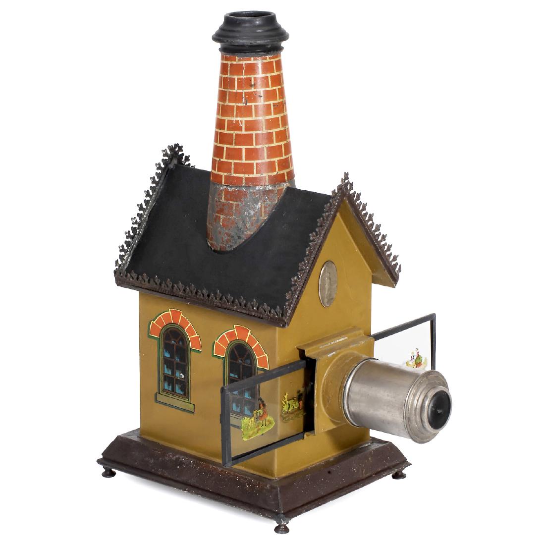 The Factory Magic Lantern, c. 1895: "The Factory" Magic Lantern, c. 1895 Extremely rare magic lantern by Georges Carette & Co., Nuremberg. 3 sides professionally restored, height 13 in., for 2 1/3 in. slides. Laterna Magica "Fabrik", um