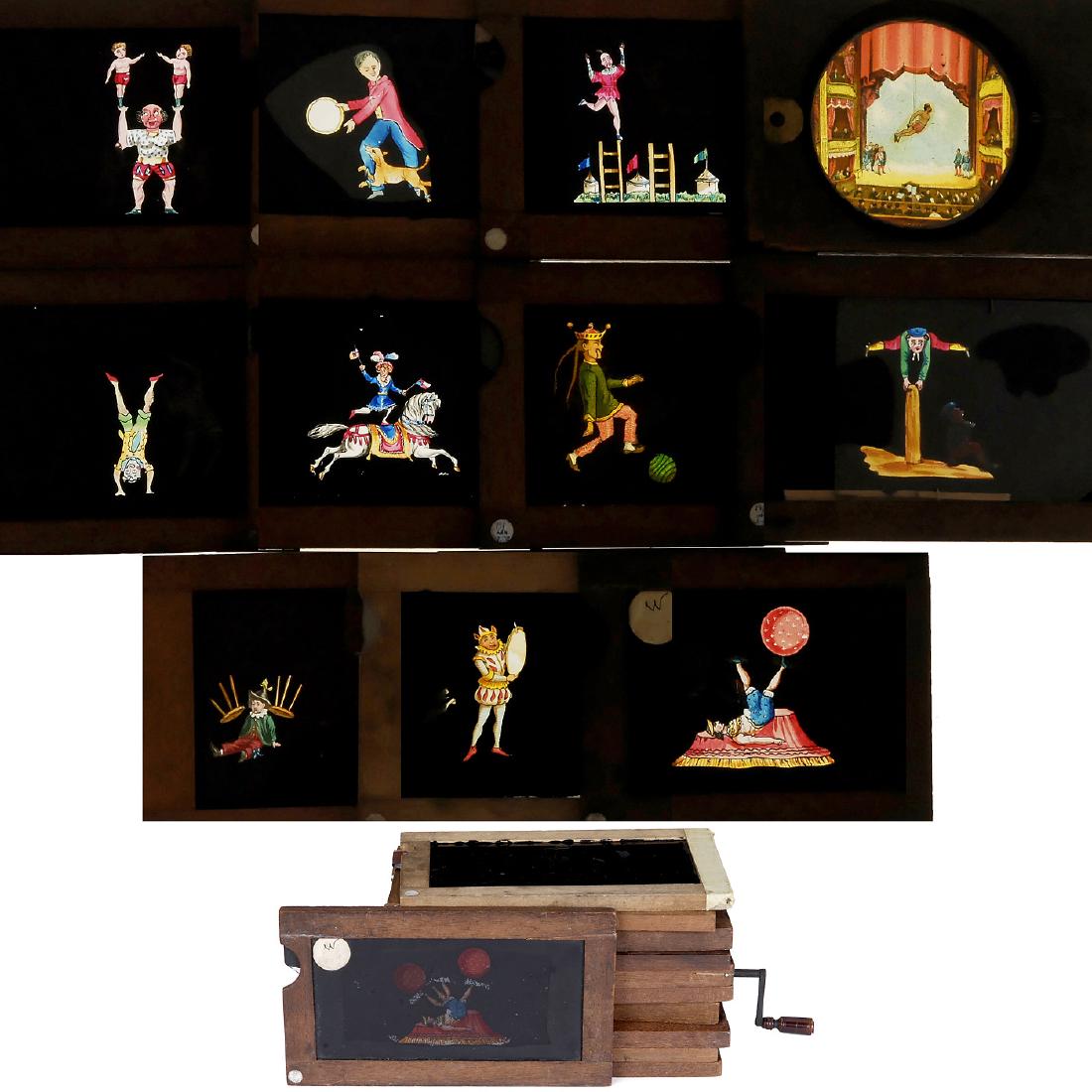 Single Slipping Slides "Circus" and "Arena", c. 1870-80: Single Slipping Slides "Circus" and "Arena", c. 1870-80 Circus, arena and other amusing subjects. 11 magic lantern slides, wooden frames, size 4 x 6 ¾ in., 9 simple single slipping slides, 1 slid
