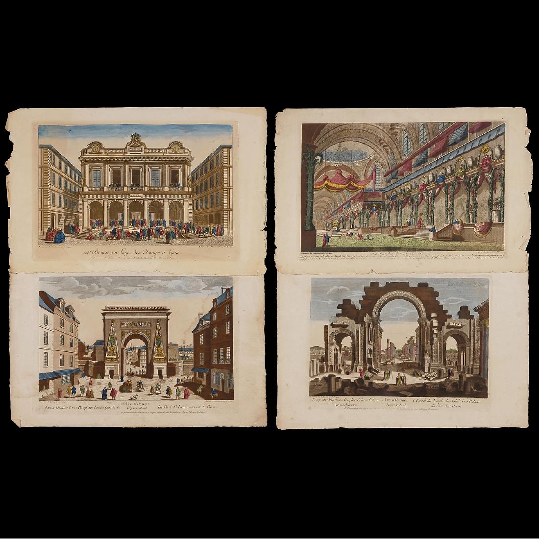 4 Vues d'Optique, c. 1765: 4 Vues d'Optique, c. 1765 "Et presentement chez Basset rue St. Jacques au coin de celle des Mathurins - Il tient Fabrique de Papiers". 4 very early "Vue d'Optique" hand-colored copperplates. 1) "Vue d