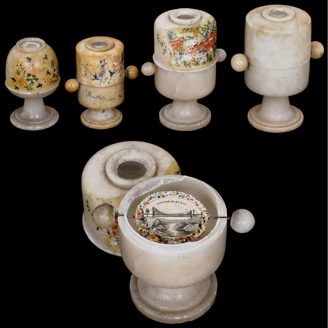 4 x Peep Egg, c. 1880: 4 x Peep Egg, c. 1880 Alabaster. 1) "Falls of Niagara" and "Suspension Bridge", hand-painted with multi-colored flower pattern, light damage, height 5 ½ in. - 2) "Niagara Bridge" and "Falls of Ni