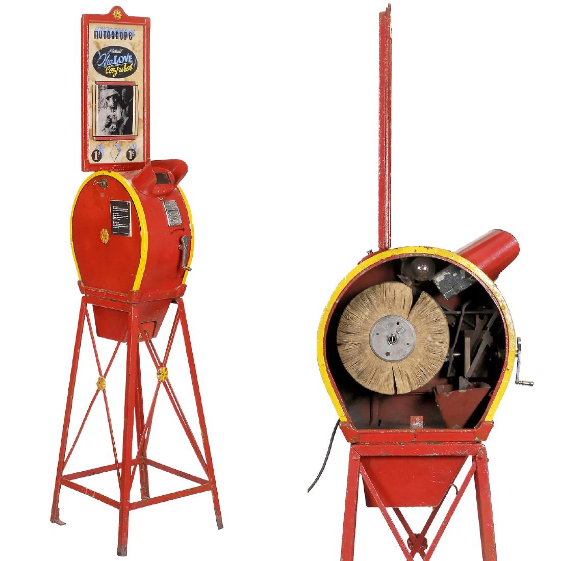 Original Coin-Operated Mutoscope with Reel, c. 1930: Original Coin-Operated Mutoscope with Reel, c. 1930 The International Mutoscope Reel Co., New York. Metal body on stand, red lacquered, coin-operated (not working), height of the Mutoscope approx. 75 